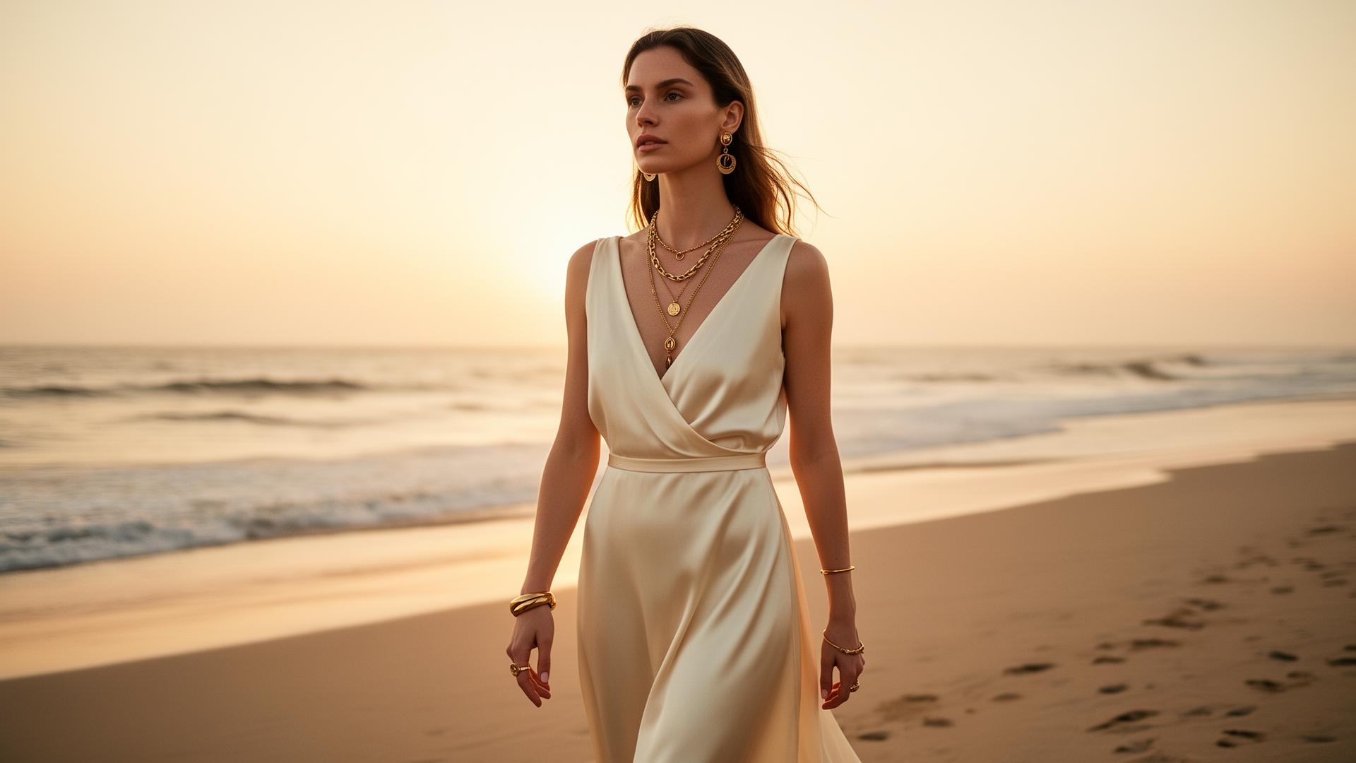 Layered gold jewellery at golden hour