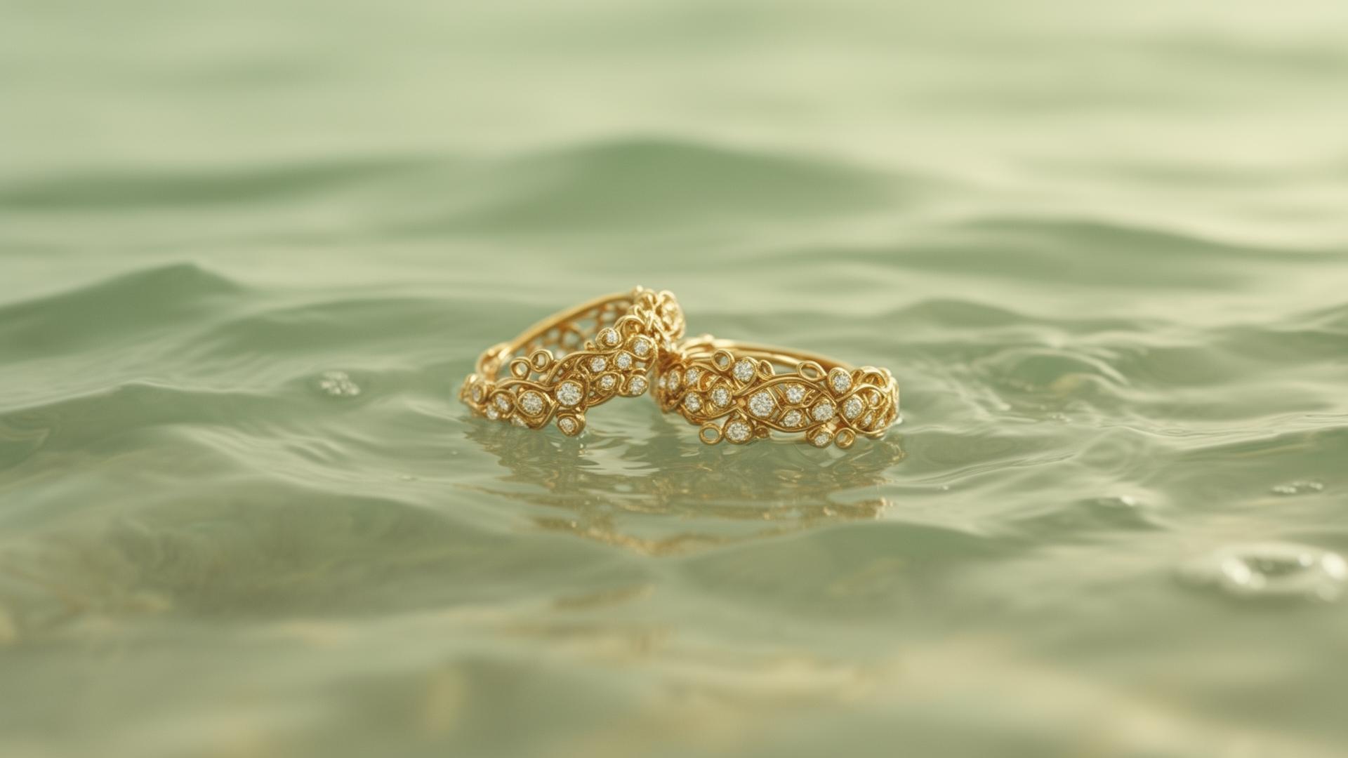 Gold rings resting on calm sage water